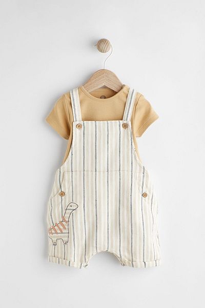 Next Baby 100% Cotton Cream Dinosaur Patterned Salopet Bodysuit Set