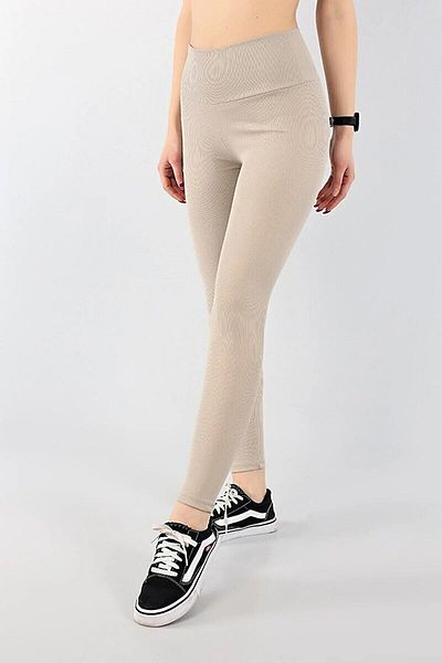 bysevensail Women's Beige Extra High Waist Ribbed Leggings S