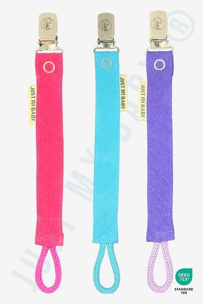 JMB Just My Baby Pacifier Strap - 3-Piece - Fuchsia/Turquoise/Purple - Solid Color - Washable - Cotton