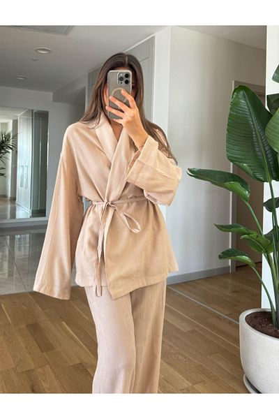 My Blog Beiges Set aus Kimono und Hose – Schalkragen