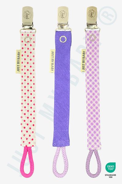 JMB Just My Baby Pacifier Strap - 3-Piece - Pink Polka Dot/ Purple/ Lilac Check - Washable - Cotton