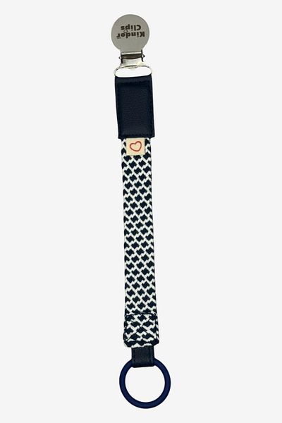 Kinder Clips Navy Blue Pacifier Hanger - Washable and Stainless Steel Clip - Algodon Weave Stainless Steel Clip O Ring