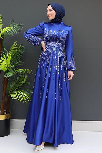 GİZ AGİYİM Βραδινό φόρεμα Saks Blue Aysu Stone με λεπτομέρεια Hijab