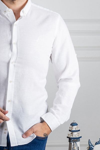 Sarar Sarar Goias White Slim Fit Linen Shirt - Buttoned Collar