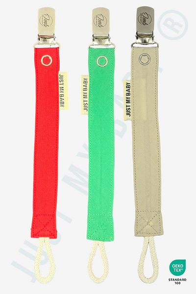 JMB Just My Baby Set of 3 Red/Green/Beige Pacifier Straps - Cotton Washable