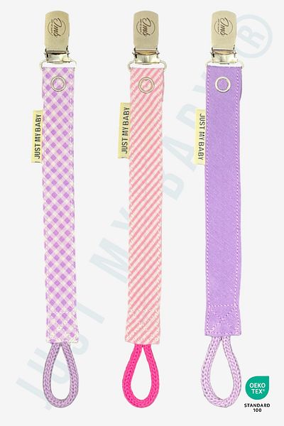 JMB Just My Baby 3-Piece Lilac and Pink Striped Pacifier Straps - Cotton Washable