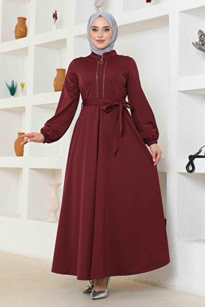 BURCU TESETTÜR Бордова абайя на блискавці спереду і тасьмою BRC23011