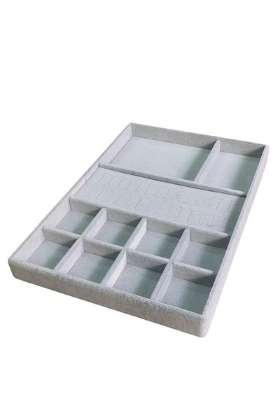 ÖZER KUTU Organizer Gray Suede Plate Necklace & Ring Organizer (8 Compartments) (28 Cut)
