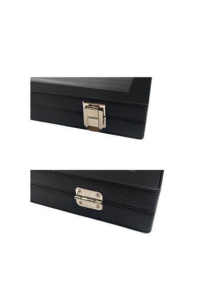 ÖZER KUTU 20 Compartment Jewelry Table with Glass Cover Black / Black Leather Inside