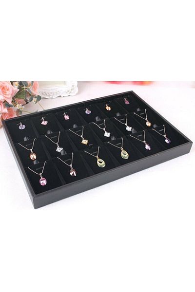 ÖZER KUTU Suede Sectioned Necklace Earring Plate Black 15 Pieces
