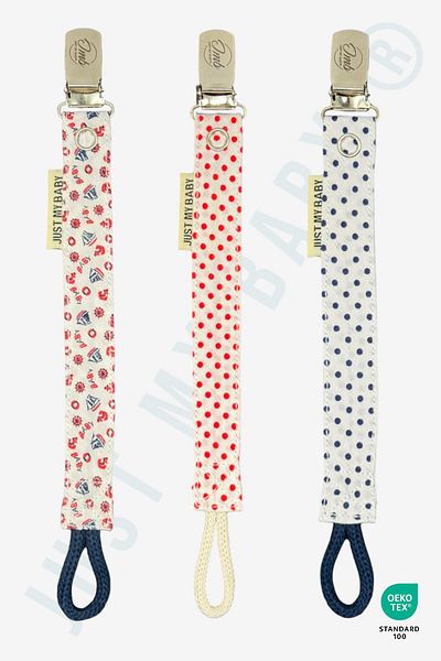 JMB Just My Baby Set of 3 Blue/Red/Colored Patterned Washable Cotton Pacifier Straps