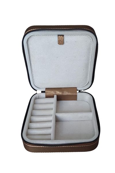 ÖZER KUTU Zippered Leather (Wooden Case) Medium Size Jewelry, Travel and Jewelry Bag, Box Copper (15x15 Cm)