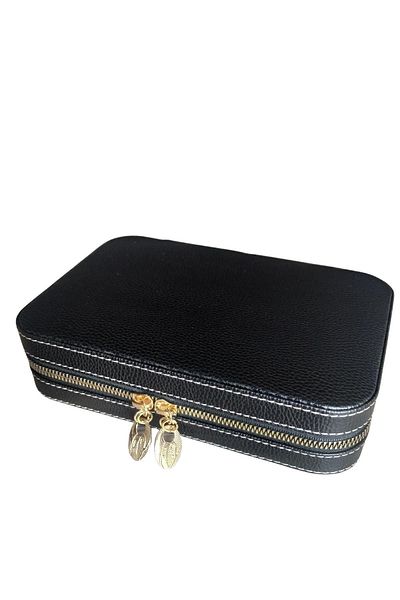 ÖZER KUTU Zippered Leather (With Wooden Case) Large Size Jewelry, Travel And Jewelry Bag, Box Black(14x21cm)
