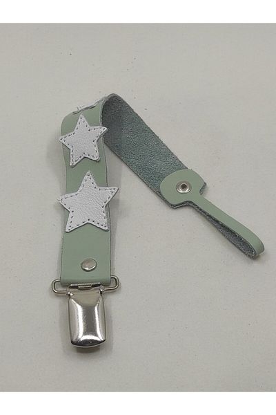 MODAPATİK Water Green Pacifier Strap - Genuine Leather - With Star Image