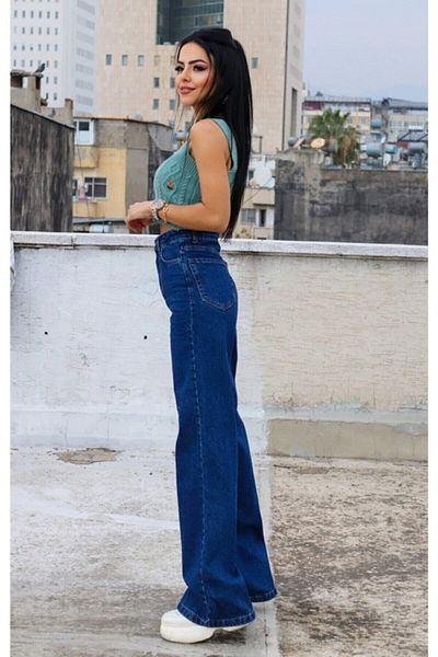 TRENDNATUREL Albastru închis anii 90, mediu albastru închis Lycra, talie super-înaltă Palazzo, pantaloni largi în jean
