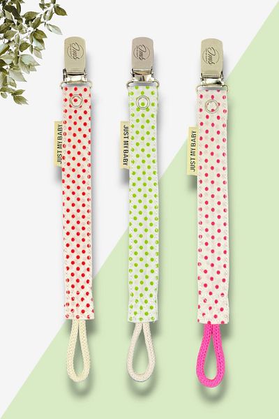 JMB Just My Baby 3-Piece Fuchsia/Green/Red Pacifier Straps - Polka Dots & Washable - Cotton