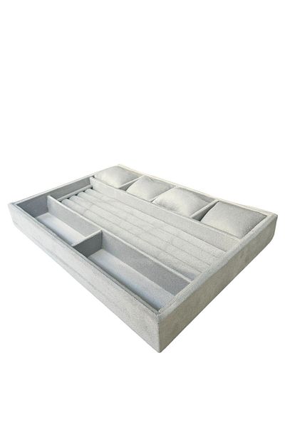 ÖZER KUTU Organizer Gray Suede Plate Necklace & Ring Organizer and Glasses (4 Pillows) (2 Compartments) (roll)2