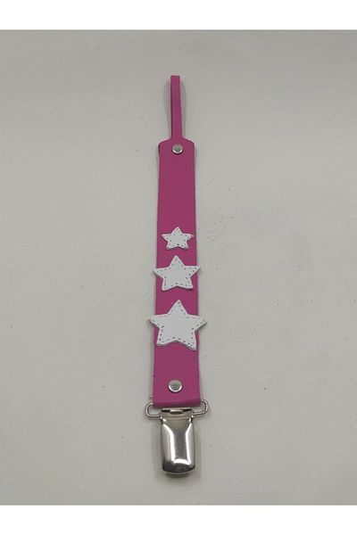 MODAPATİK Fuchsia Pacifier Strap - Genuine Leather - With Star Image