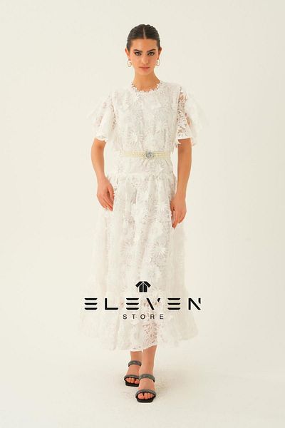 ELEVEN White Guipure Lace Detailed Women's Dress - Crew Neck, Short Sleeve