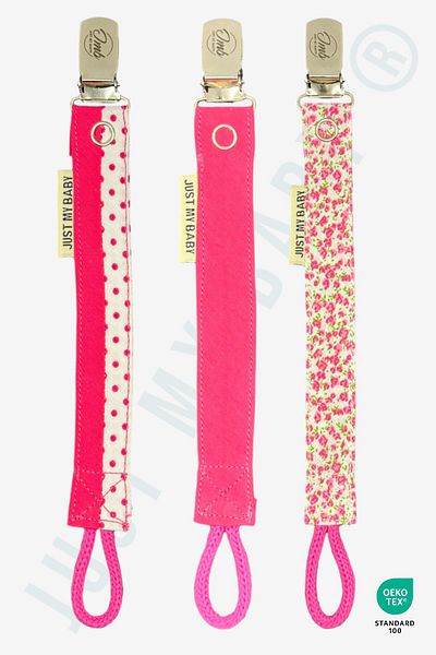 JMB Just My Baby Pacifier Strap - 3-Piece - Mixed/Fuchsia/Pink Floral - Washable - Cotton