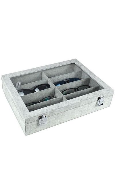 ÖZER KUTU Glass Lid 8 Compartment Glasses Box, Jewelry Box and Bag Gray Suede