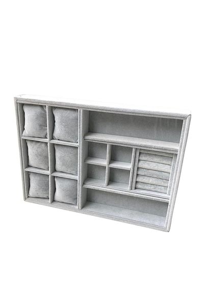 ÖZER KUTU Organizer Gray Suede Plate Necklace & Ring Organizer and Glasses (6 Pillows) (4 Compartments) (roll)