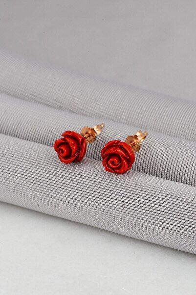 KAR DİAMOND 925 Ayar Gümüş Rose Kaplama Kırmızı Gül Küpe
