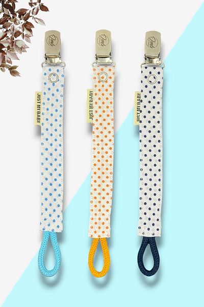 JMB Just My Baby Set of 3 Blue/Navy/Orange Pacifier Straps - Polka Dots and Washable Cotton