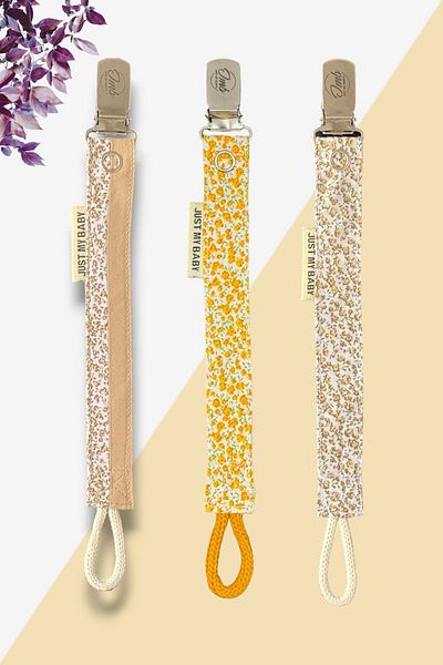 JMB Just My Baby 3-Piece Pacifier Straps - Mixed/Yellow/Beige, Floral Pattern, Washable Cotton