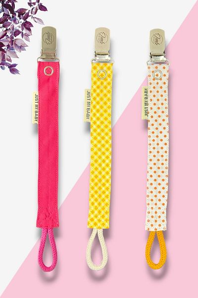 JMB Just My Baby 3-Piece Orange Polka Dot/Fuchsia/Orange Checkered Pacifier Holder - Washable - Cotton