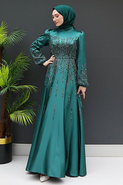 GİZ AGİYİM Emerald Aysu Stoned Hijab βραδινό φόρεμα