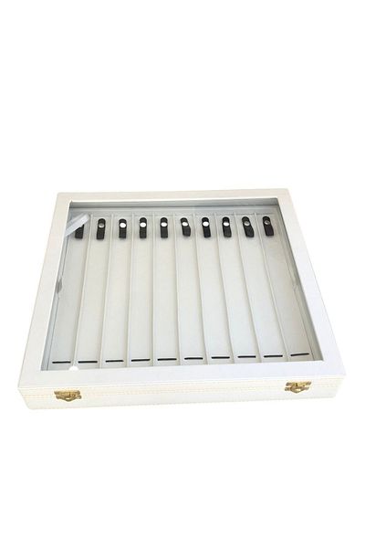 ÖZER KUTU Double Layer Rosary & Bracelet and Jewelry Table with Glass Cover White Leather/White Inside (21 Channels and Snaps)