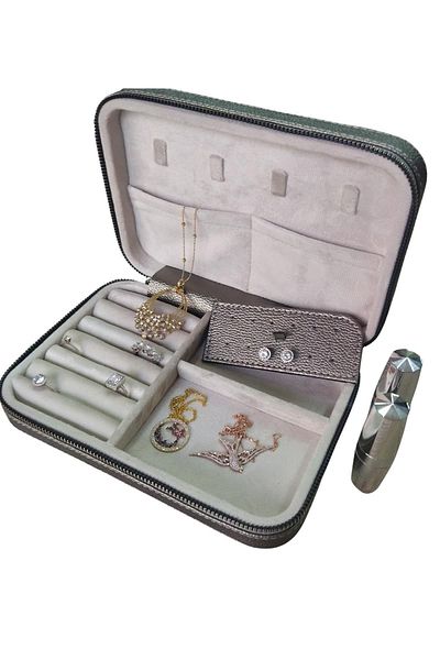 ÖZER KUTU Zippered Leather (With Wooden Case) Large Size Jewelry, Travel And Jewelry Bag, Anthracite(14x21 Cm)