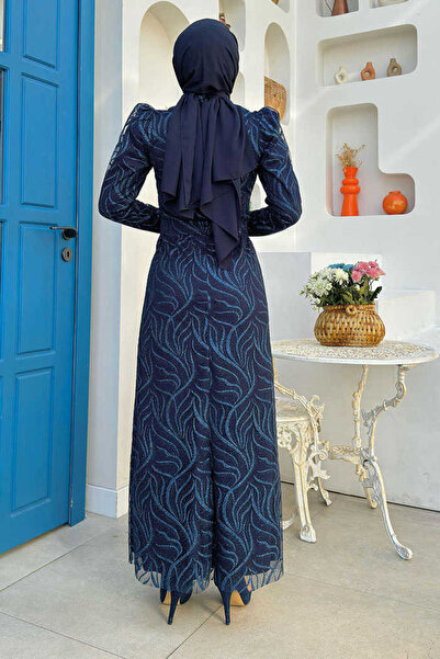 Bym Fashion Dal Desenli Simli Tül Büyük Beden Abiye Elbise 1140-1 Lacivert