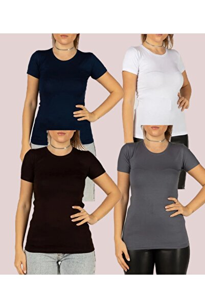 FATELLA Kadın Kısa Kol Yuvarlak Bisiklet Yaka Likralı Esnek Badi 4lü Body Badi (4 Adet)