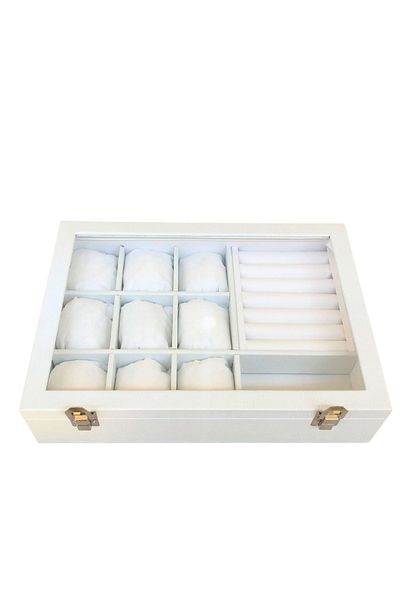 ÖZER KUTU Glass Covered Mix Padded & Roll & Compartmented Jewelry Table White Leather / White Inside