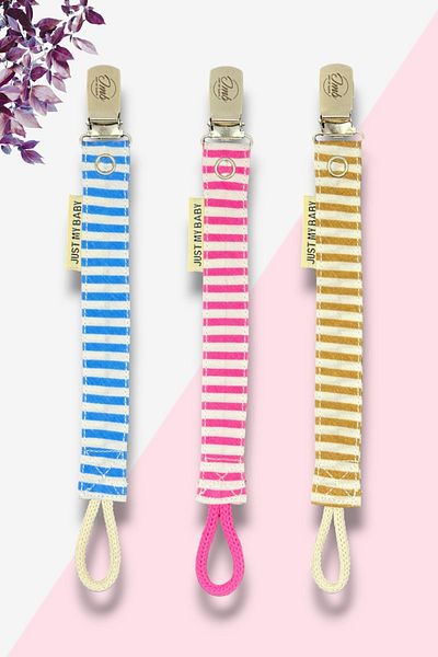 JMB Just My Baby 3-Piece Pacifier Strap - Blue/Pink/Coffee, Plain Striped, Washable Cotton