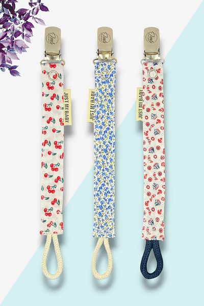 JMB Just My Baby Pacifier Strap - 3-Piece - Cherry Pattern/Sailor/Blue Floral Pattern - Washable - Cotton