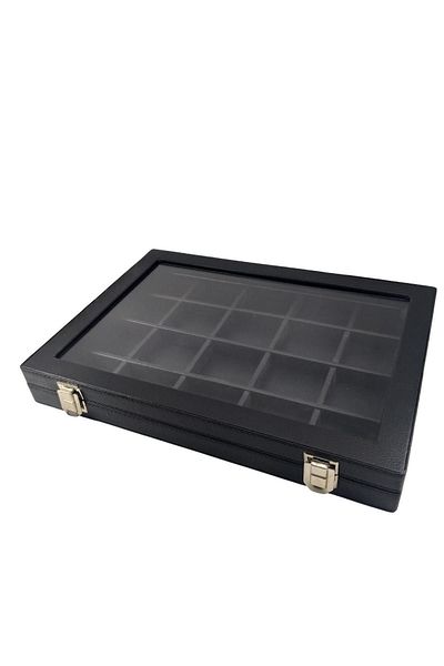 ÖZER KUTU 20 Compartment Jewelry Table with Glass Cover Black / Black Leather Inside