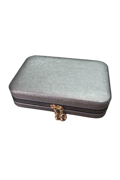 ÖZER KUTU Zippered Leather (With Wooden Case) Large Size Jewelry, Travel And Jewelry Bag, Silver 14x21 Cm)