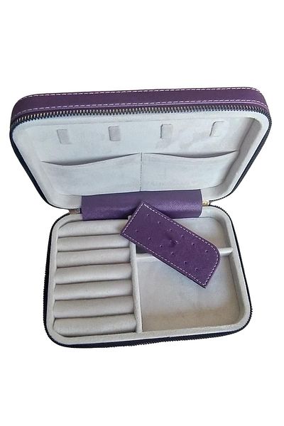 ÖZER KUTU Zippered Leather (Wooden Case) Large Size Jewelry, Travel and Jewelry Bag, Purple 14x21 Cm)
