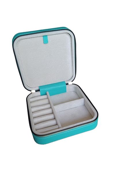 ÖZER KUTU Zippered Leather (With Wooden Case) Medium Jewelry, Travel And Jewelry Bag, Box Green (15x15 Cm)