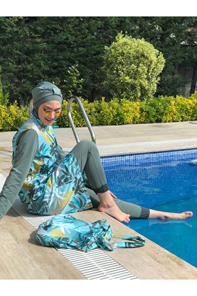 ALLMİRA FASHION 5-Piece Mint Color Camellia Patterned Hijab Swimsuit Set
