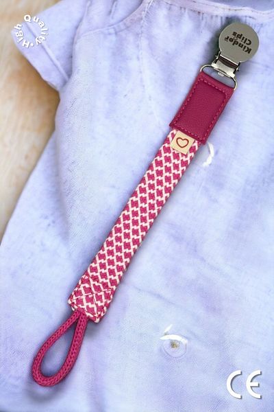 Kinder Clips Pink Pacifier Holder - Washable and Stainless Steel Clip - Cotton Weave Stainless Steel Clip