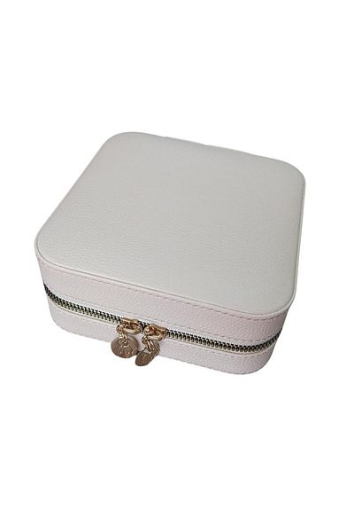 ÖZER KUTU Zippered Leather (With Wooden Case) Medium Jewelry, Travel And Jewelry Bag, Box Cream(15x15 Cm)