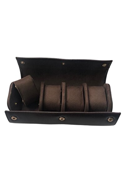 ÖZER KUTU Deri Dörtlü Saat Kutusu Çıtçıtlı (KAHVERENGİ)