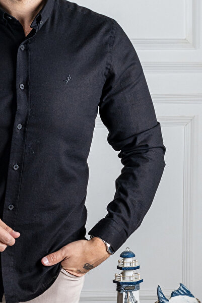 Sarar İnterview Sarar Goias Düğmeli Yaka Slim Fit Keten Siyah Gömlek