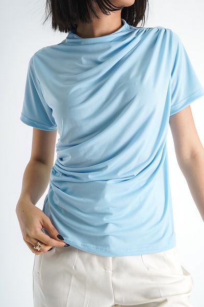 Moda Değirmeni Bluză cu mânecă scurtă drapată albastră pentru femei - BG1193-324-0002