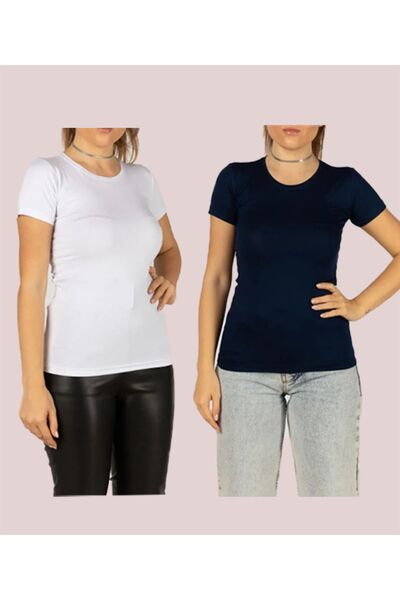 FATELLA Body elastic din material elastic pentru femei, cu mânecă scurtă și decolteu rotund la baza gâtului rotund (2 piese)