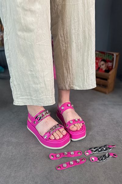 SHOEBELLAS Sandale Fuchsia Slay pentru damă - Cataramă argintie și schimbare detașabilă